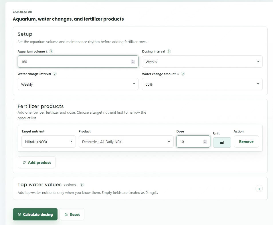 Fertilizer dosing calculator setup fields.