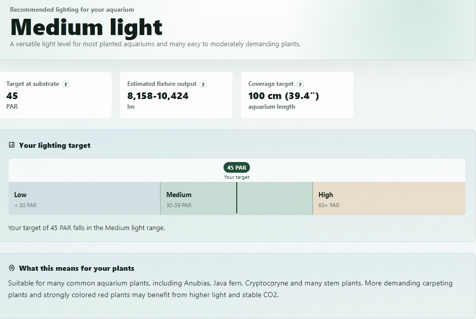 Lighting Calculator result with a medium-light recommendation and target values.