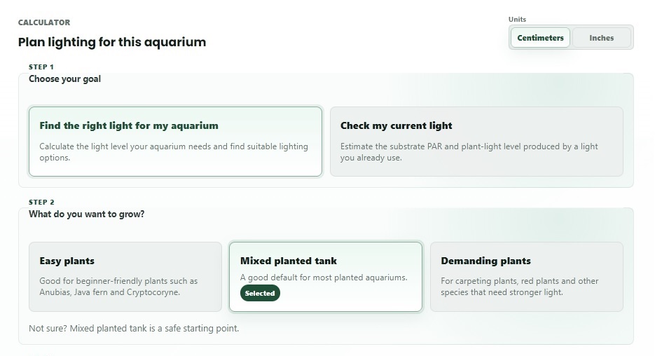 Lighting Calculator setup for choosing an aquarium lighting goal.