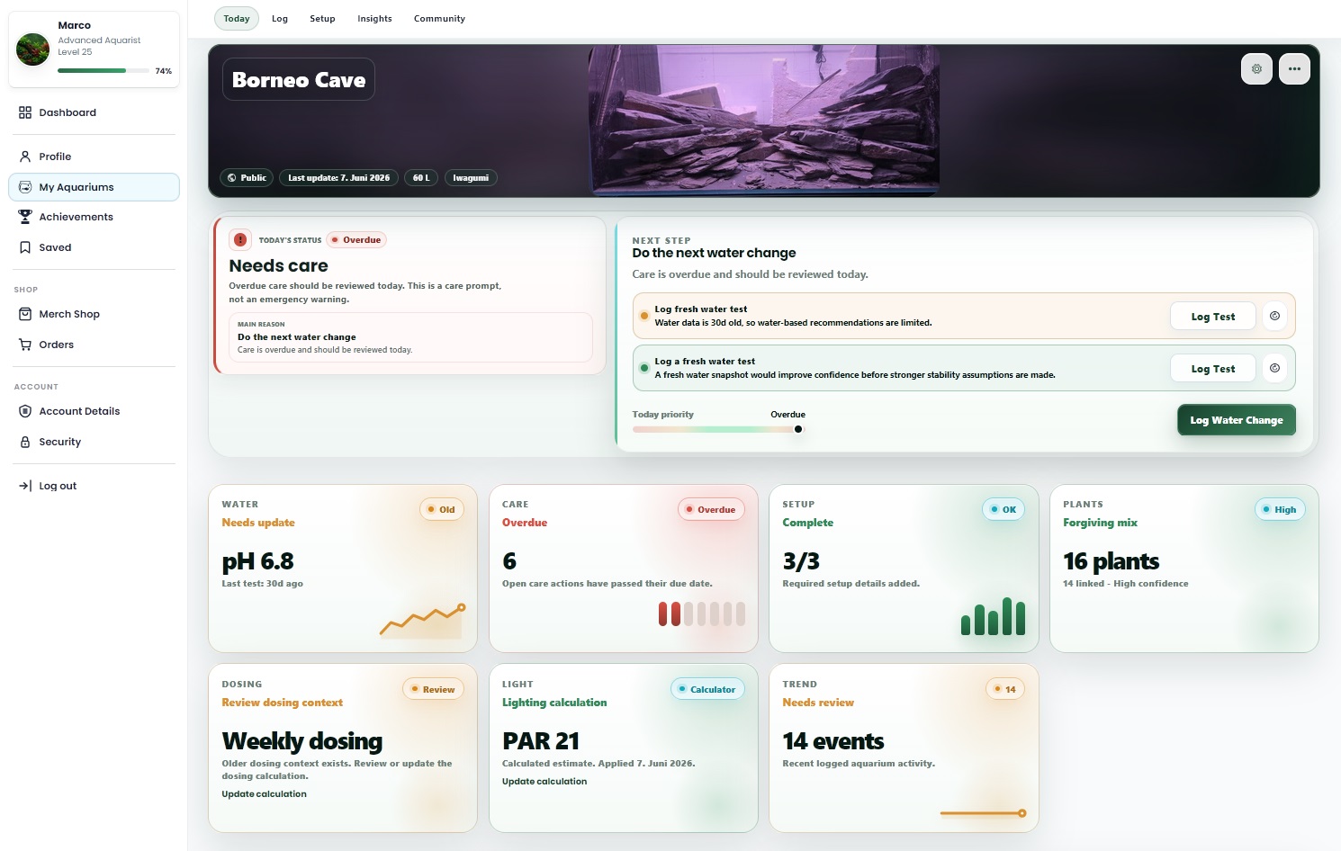 Aquarium OS dashboard with care tasks and water information.