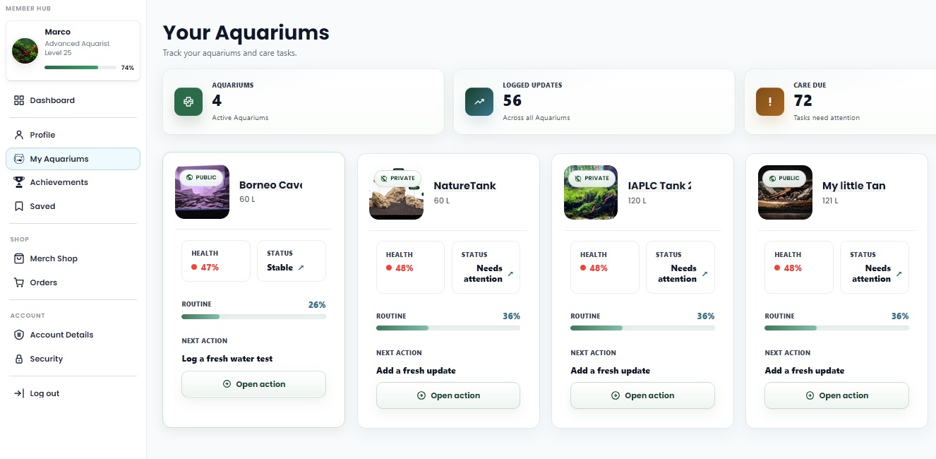 My Aquariums overview with aquarium cards and care status.