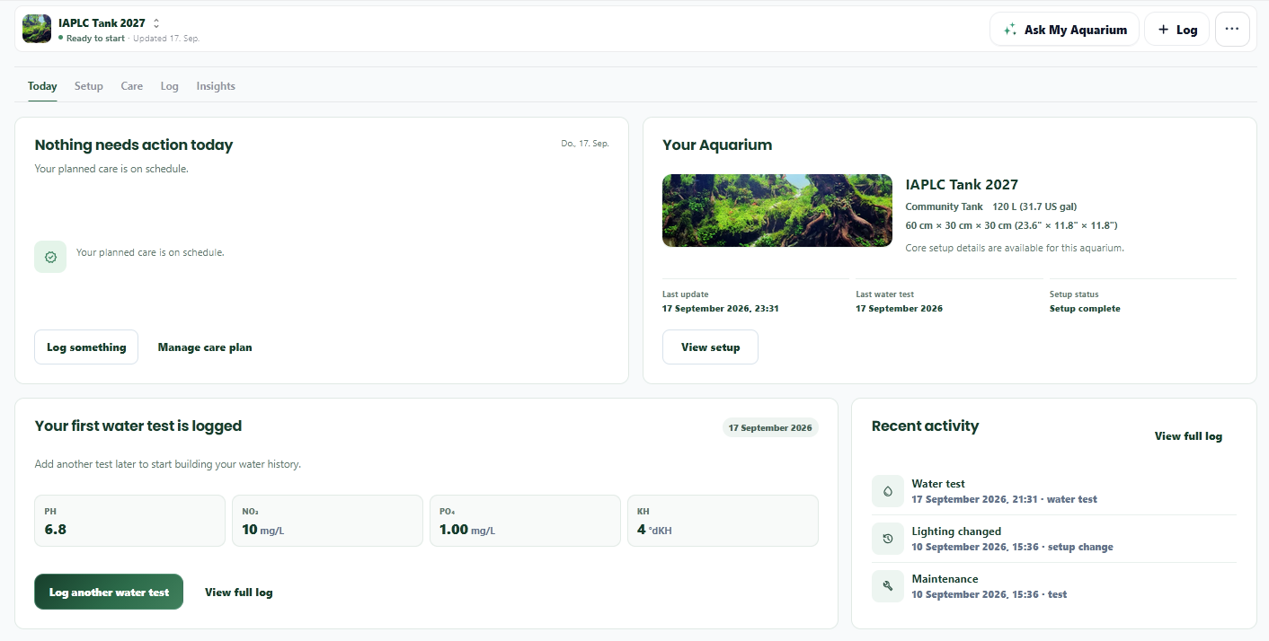 Today dashboard with aquarium status, water values and recent activity.