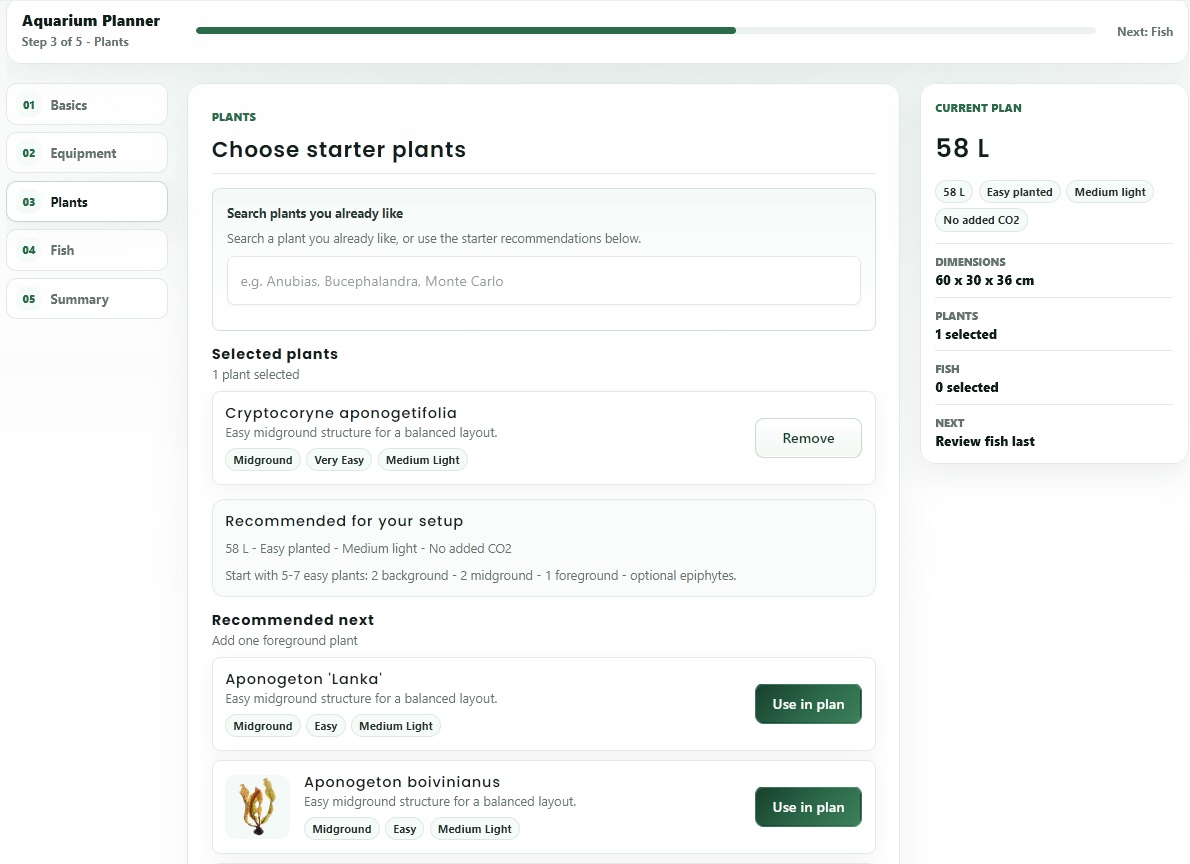 Aquarium Planner step for choosing starter plants.