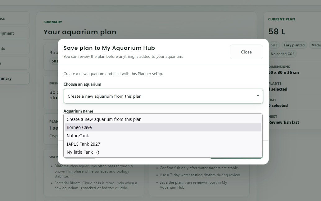 Aquarium Planner plant picker interface.