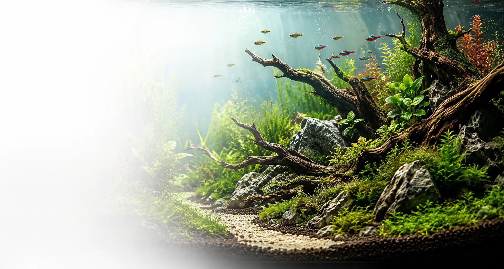 Planted freshwater aquascape with driftwood, rocks, aquatic plants, and small schooling fish