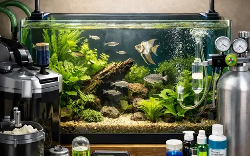 Ultra realistic freshwater aquarium setup with LED lighting, external canister filter and professional CO₂ system – complete aquarium equipment guide