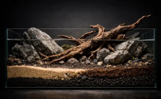 Ultra-realistic aquarium hardscape with natural rocks, driftwood and visible sand and soil substrate layers in cross-section view