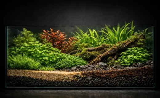 Lush planted aquarium with foreground, midground and background plants, visible layered substrate and driftwood in cross-section view