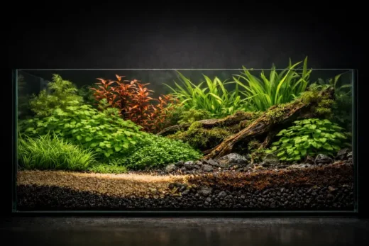 Lush planted aquarium with foreground, midground and background plants, visible layered substrate and driftwood in cross-section view