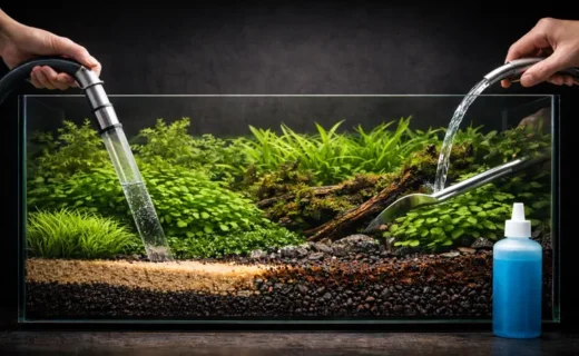 Aquarium maintenance tools in use including gravel vacuum, aquascaping tweezers and water change hose in a planted tank with layered substrate