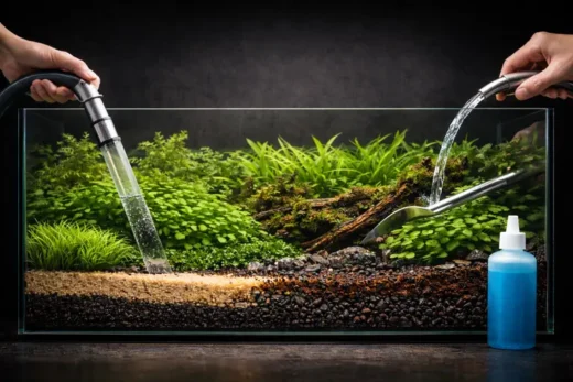 Aquarium maintenance tools in use including gravel vacuum, aquascaping tweezers and water change hose in a planted tank with layered substrate