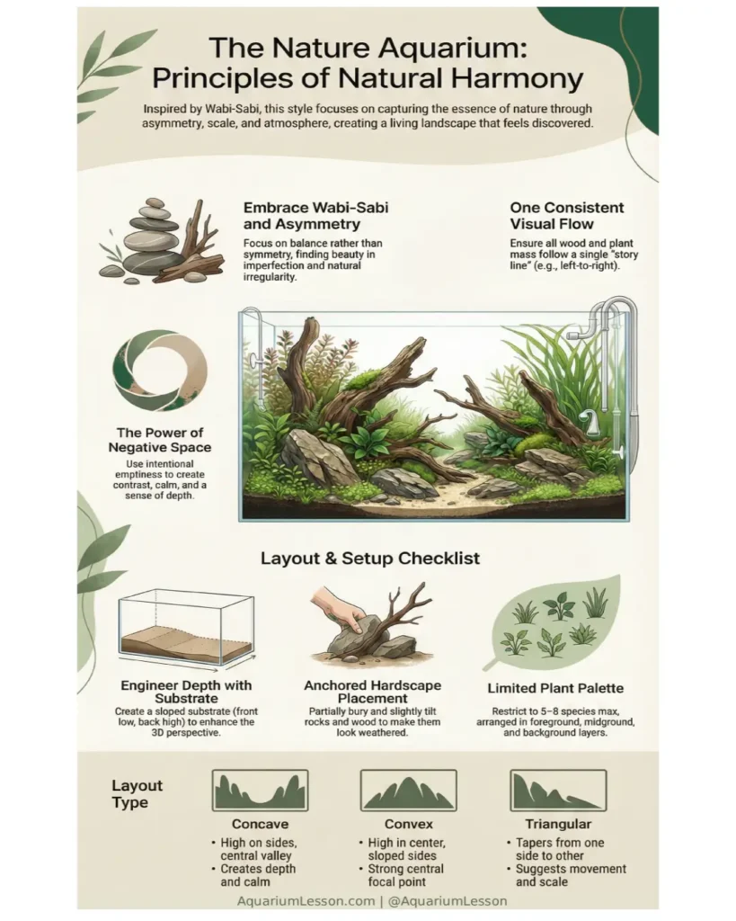 Nature Aquarium principles infographic: Wabi-Sabi, negative space, visual flow, setup checklist, and layout types