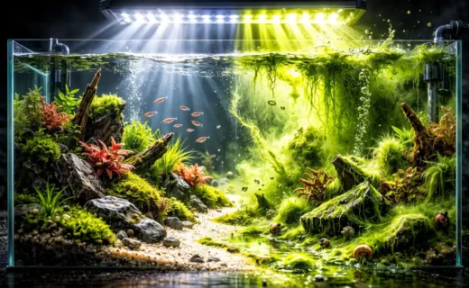 Planted aquarium with green algae caused by excessive lighting