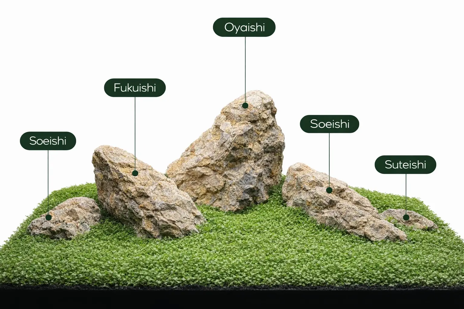 Iwagumi aquascape with Monte Carlo carpet showing planted layout example