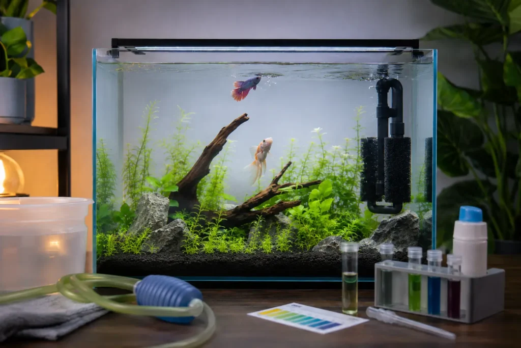 Aquarium ammonia spike guide with fish, water testing kit and planted freshwater tank