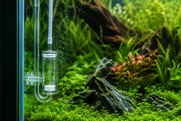 Aquarium CO2 diffuser releasing fine bubbles in a planted aquascape with rocks and carpeting plants