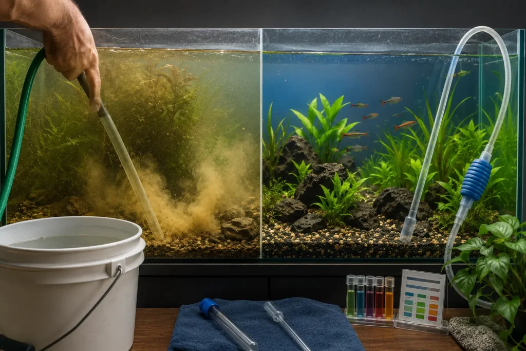 Aquarium water change mistakes showing dirty cloudy water during siphoning and a clean planted freshwater tank