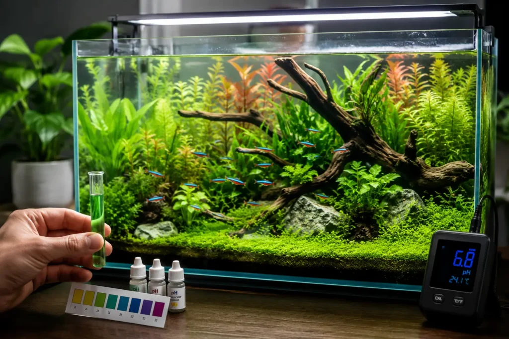 Freshwater planted aquarium with pH test kit, digital pH meter and healthy fish showing stable aquarium pH monitoring