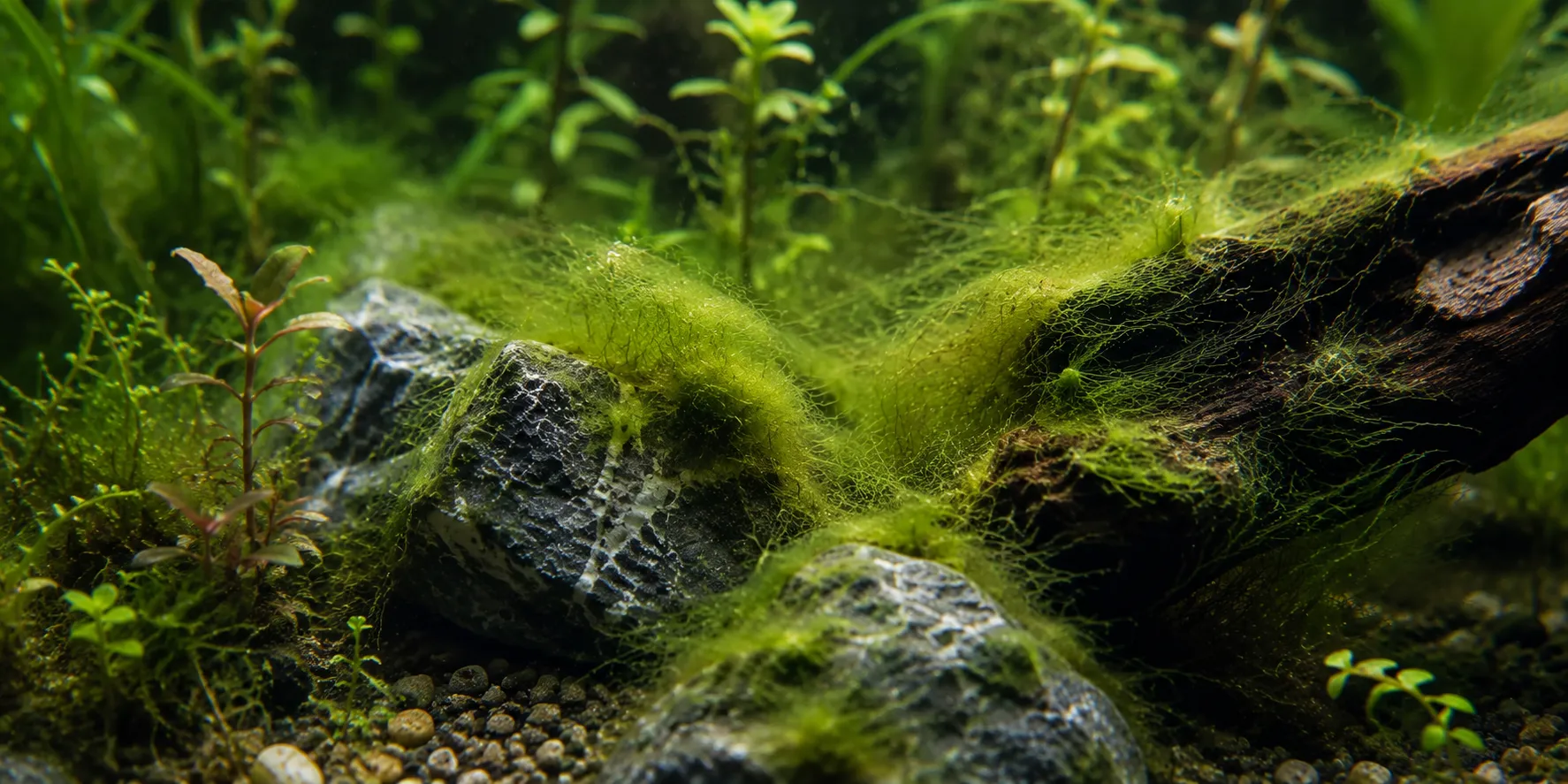 Aquarium algae growing over rocks and driftwood in a freshwater tank