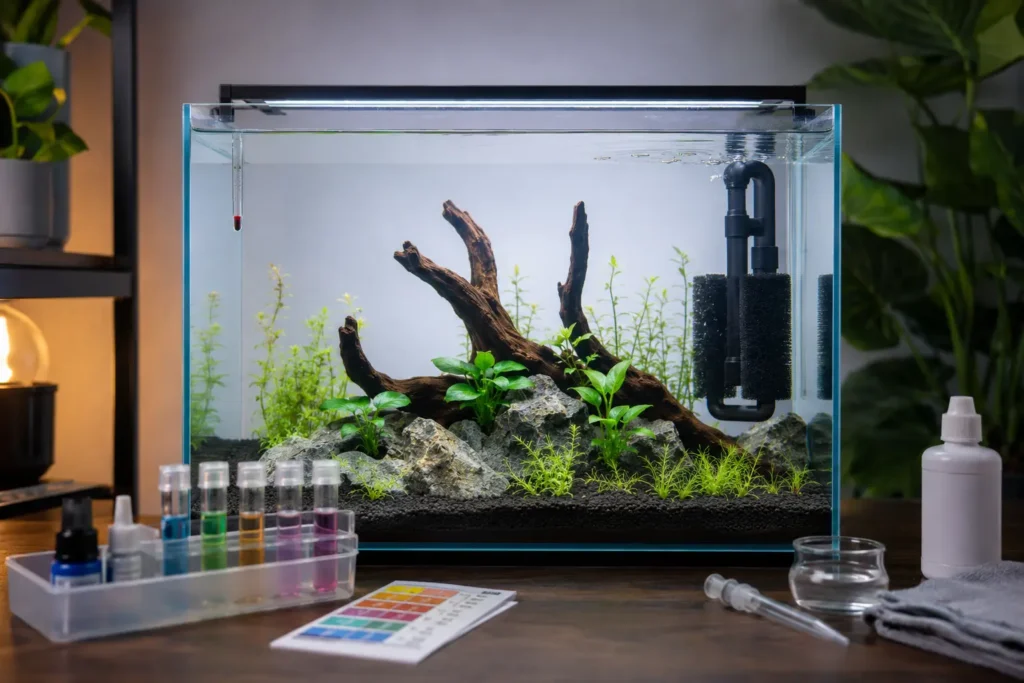 Aquarium cycling setup with water test kit beside a new planted freshwater tank