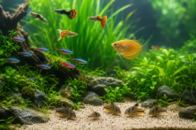 Peaceful beginner community fish swimming in a planted freshwater aquarium