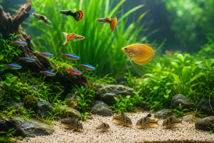 Peaceful beginner community fish swimming in a planted freshwater aquarium