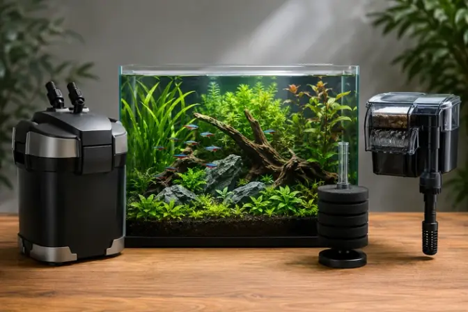 Aquarium filter beside a clear planted freshwater tank