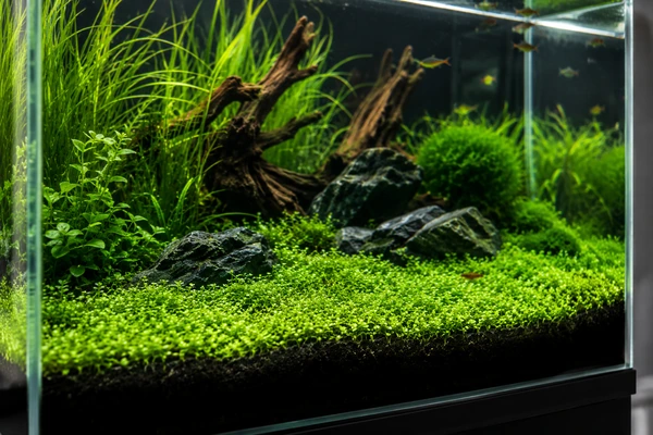 Low-tech planted aquarium with dense green carpet plants growing without visible CO2 equipment