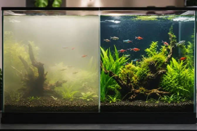 Cloudy aquarium water in a freshwater tank with plants and hardscape