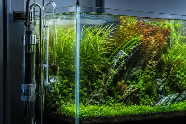 CO2 reactor installed on a planted aquarium with dense aquatic plants and visible tubing