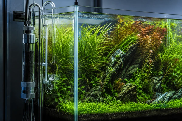 CO2 reactor installed on a planted aquarium with dense aquatic plants and visible tubing