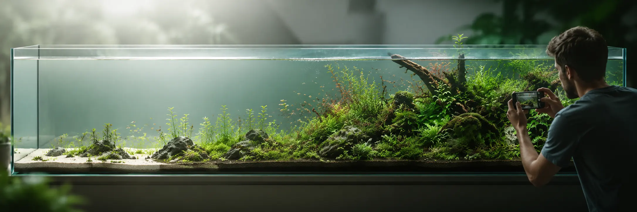 Aquarist photographing a planted aquarium to document visual aquarium progress