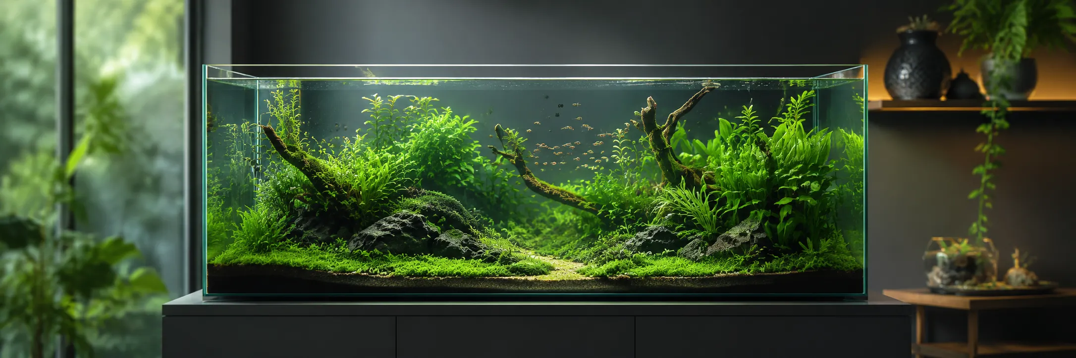Beautiful planted freshwater aquarium in a modern interior for exploring community aquariums