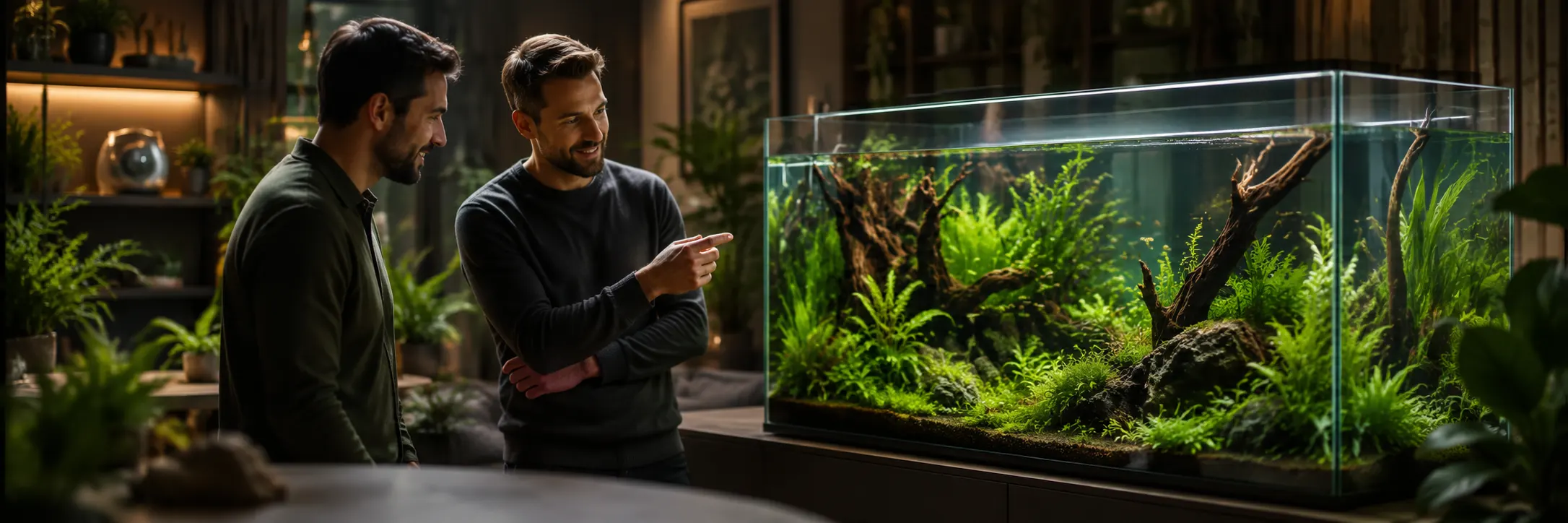 Two aquarists discussing a planted aquarium in a modern aquascaping setting