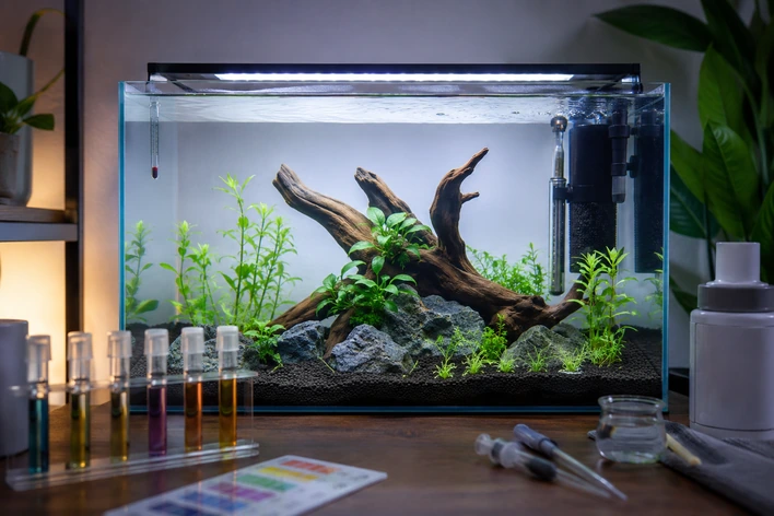 Fishless cycling setup with test tubes beside a planted aquarium