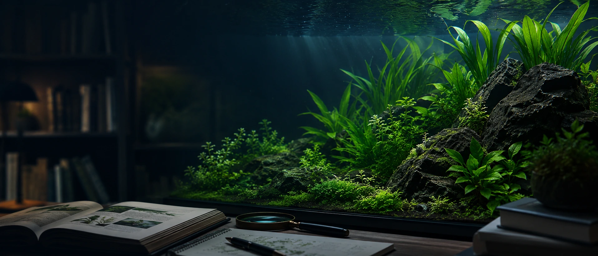 Aquascaping lesson library scene with planted aquarium, open books and study materials