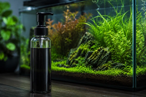 Liquid carbon bottle placed beside a planted aquarium with green aquatic plants