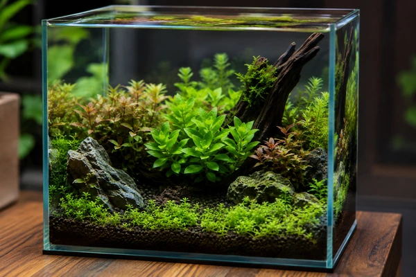 Nano aquarium with compact midground plants, rocks, driftwood, and green foreground growth