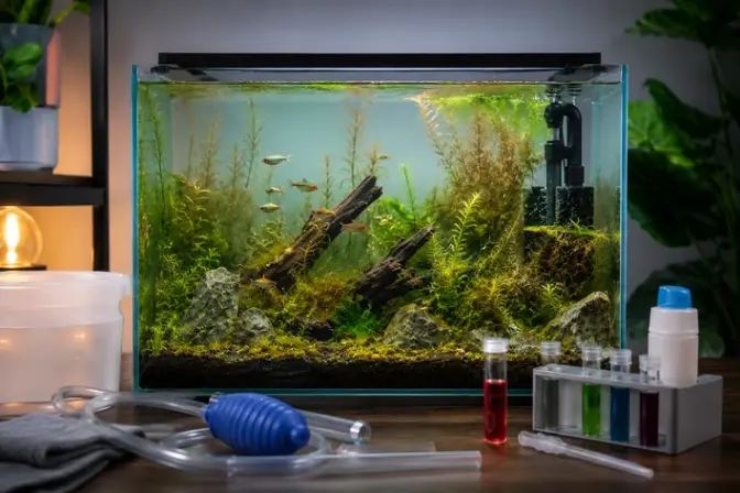 Planted freshwater aquarium with fish and water test kits illustrating a nitrite spike in an aquarium