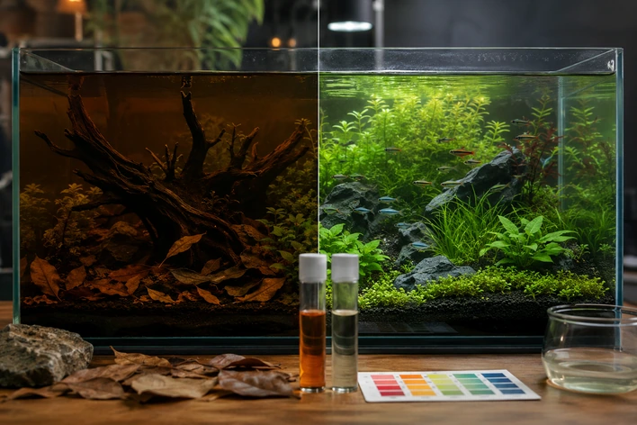 Aquarium pH test showing low pH beside a planted freshwater tank