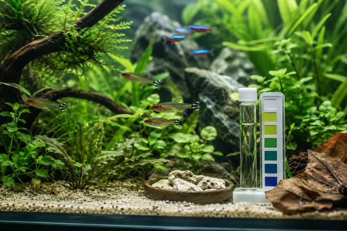 Stable aquarium pH test beside a healthy planted freshwater tank