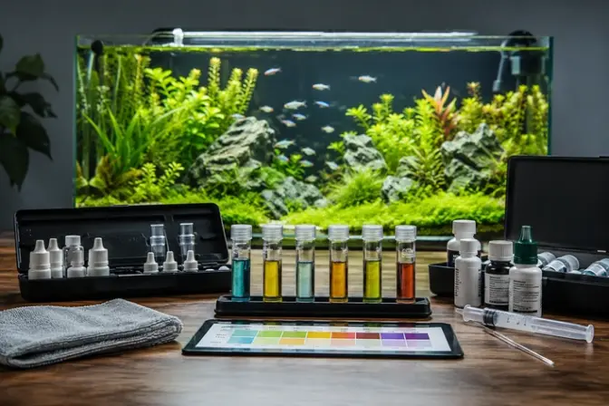 Aquarium water parameter test kits beside a planted freshwater tank