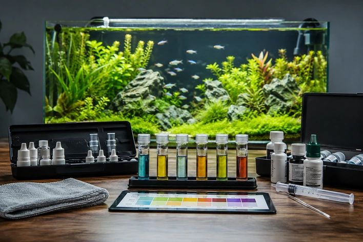 Aquarium water parameter test kits beside a planted freshwater tank
