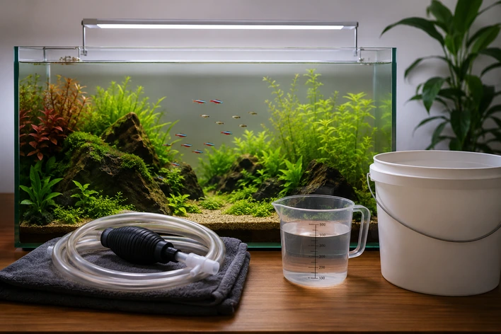 Aquarium water change tools with siphon hose, measuring jug, towel and bucket beside a planted tank