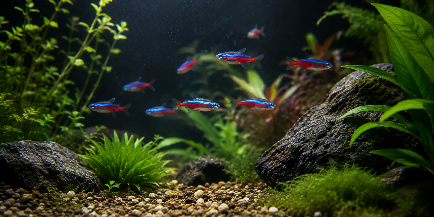 School of freshwater fish in a planted aquarium