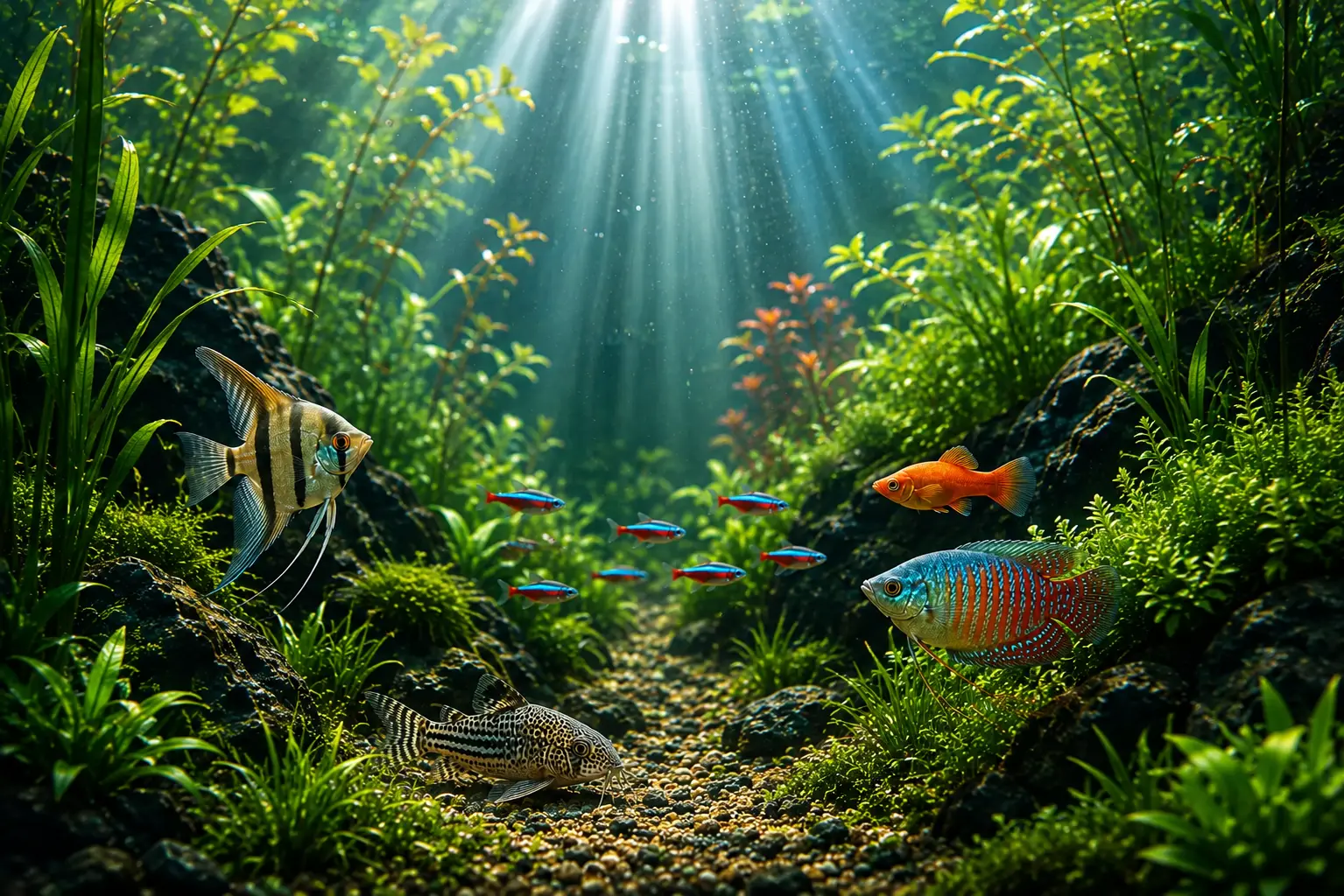 Freshwater aquarium fish in a planted aquascape representing the Fish Compatibility Checker