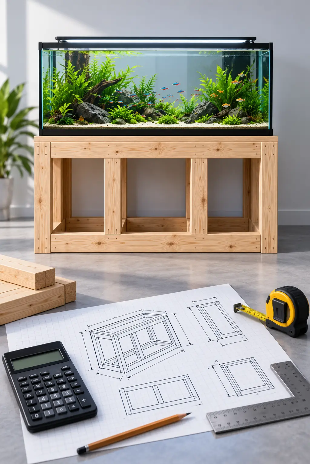 DIY wooden aquarium stand with a planted aquarium