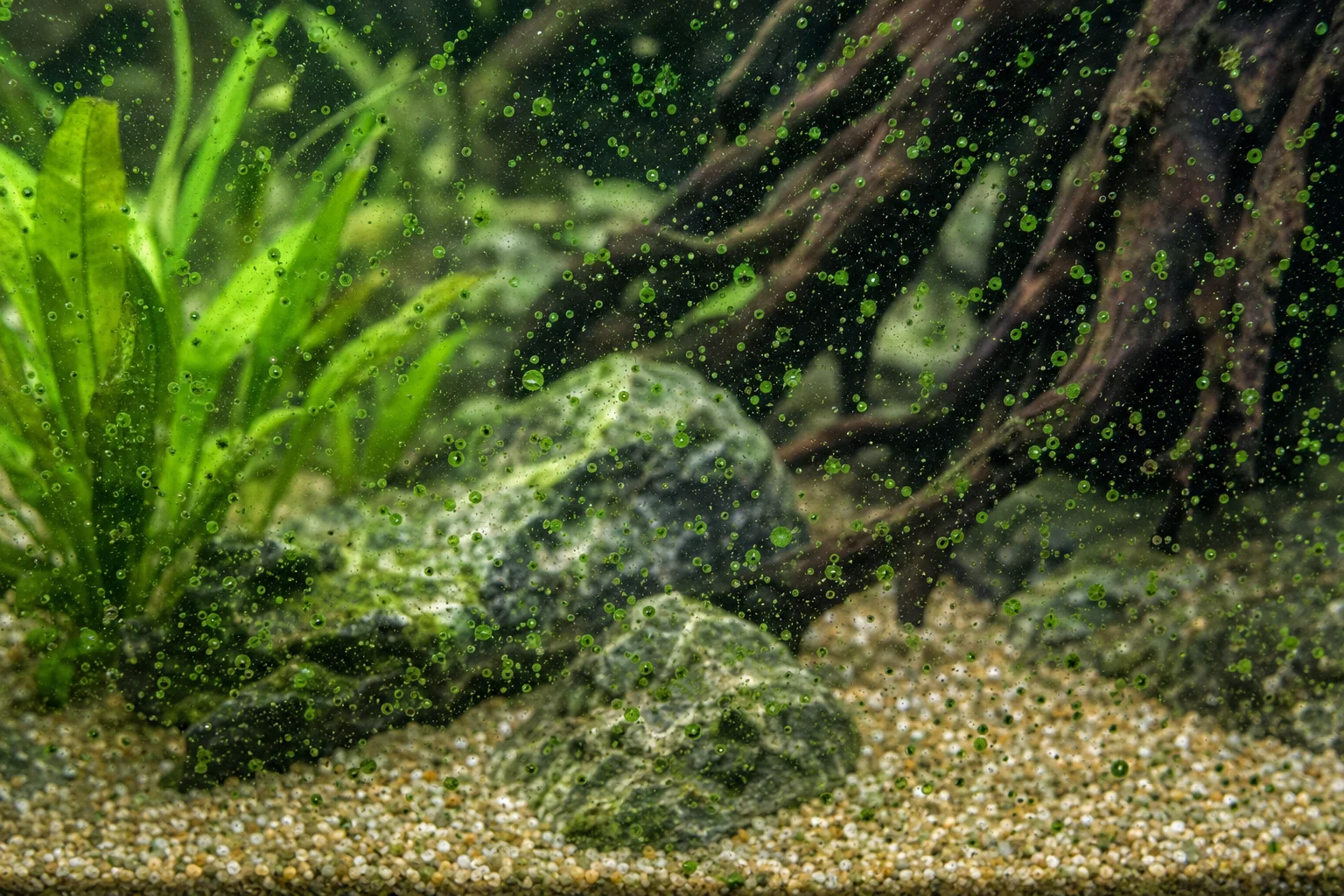 Green Spot Algae in aquarium on glass