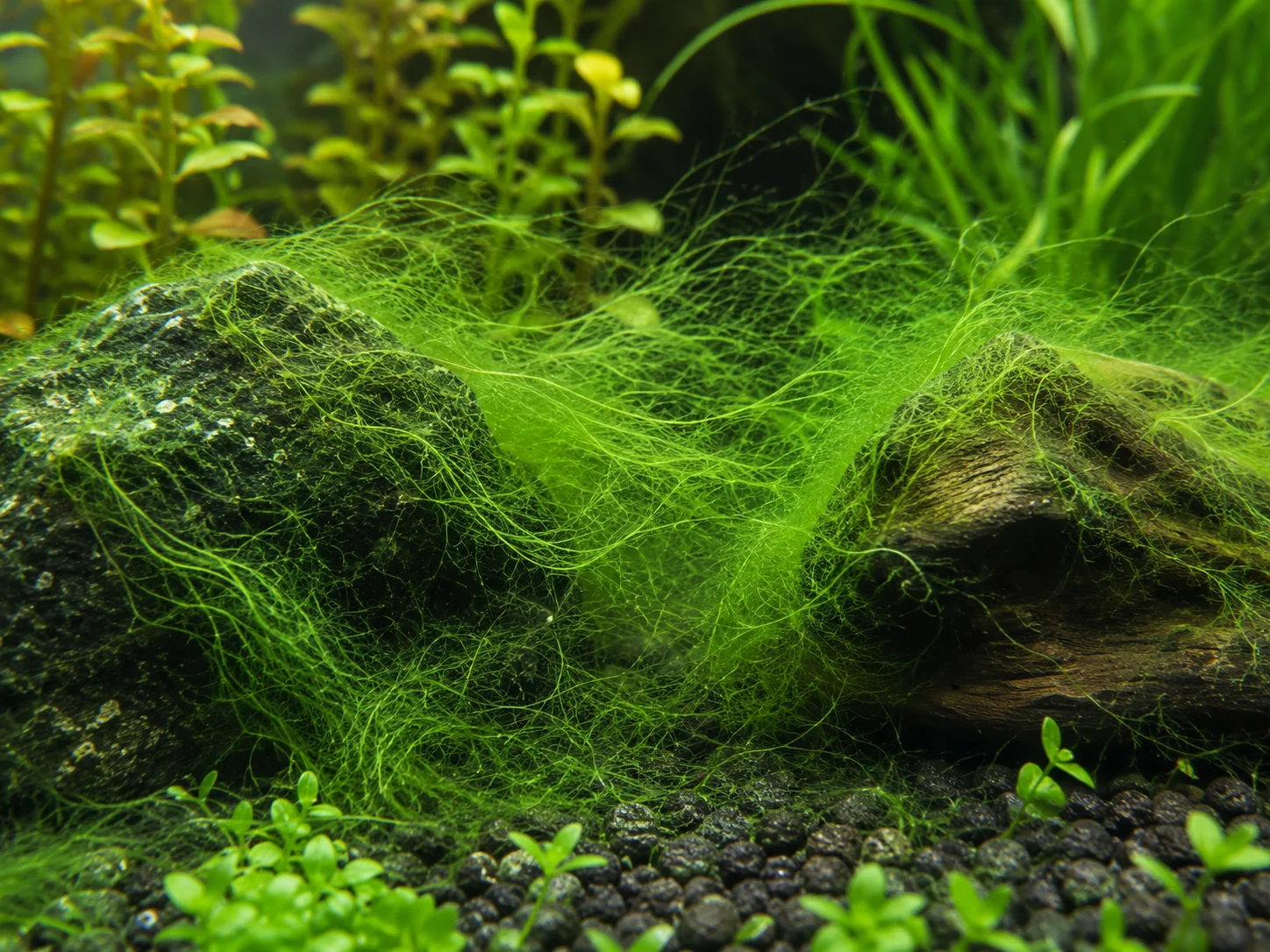Green Thread Algae in aquarium on plant leaves